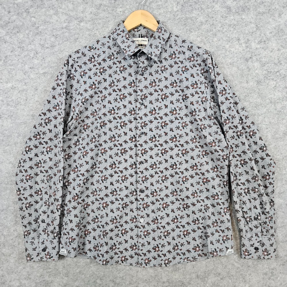 Crosby‎ & Howard Men's Button Up Shirt Size L Gray With Roses All Over Print